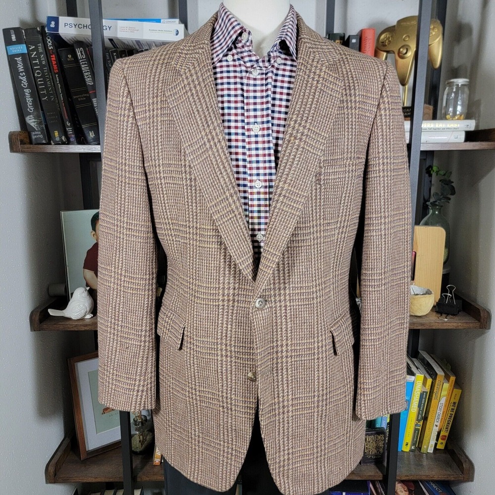 VTG Neiman Marcus Men's Tweed Sport Coat Two Button Brown Wool Plaid‎ Size 42-44